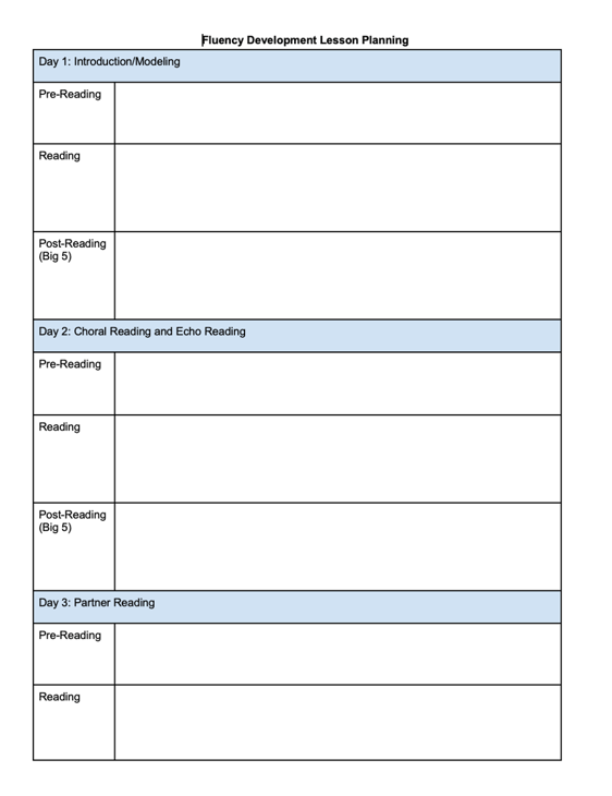 5. Fluency Planning Sheet